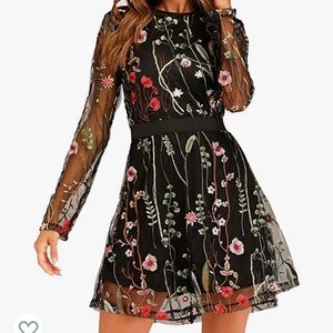 Miluma Floral Embroidery Mesh Tunic Black Party Dress